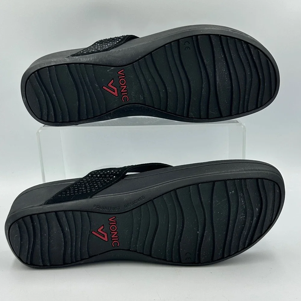 Vionic Naples Rhinestone Thong Sandals Black Comfort Slides wedge  W11 EU43